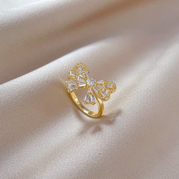 3/$35 Gold Plated Bow Knot Ring with Cubic Zirconia Crystal Adjustable Dainty - Picture 7 of 7